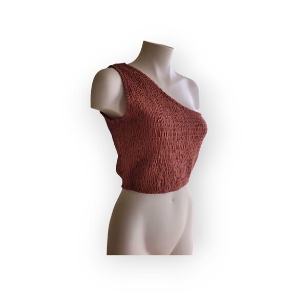 ASOS Summer Of Diane x Vici one-shoulder crinkly top in terracotta NWT size L - Picture 3 of 11